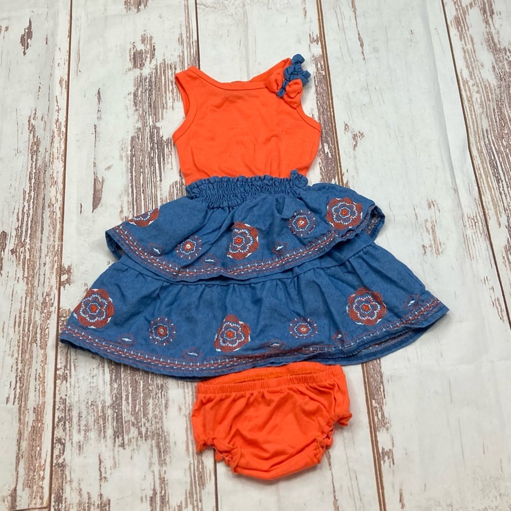 Sweet & Soft Paris Dress Embroidered Ruffle Orange & Chambray Sz 12M